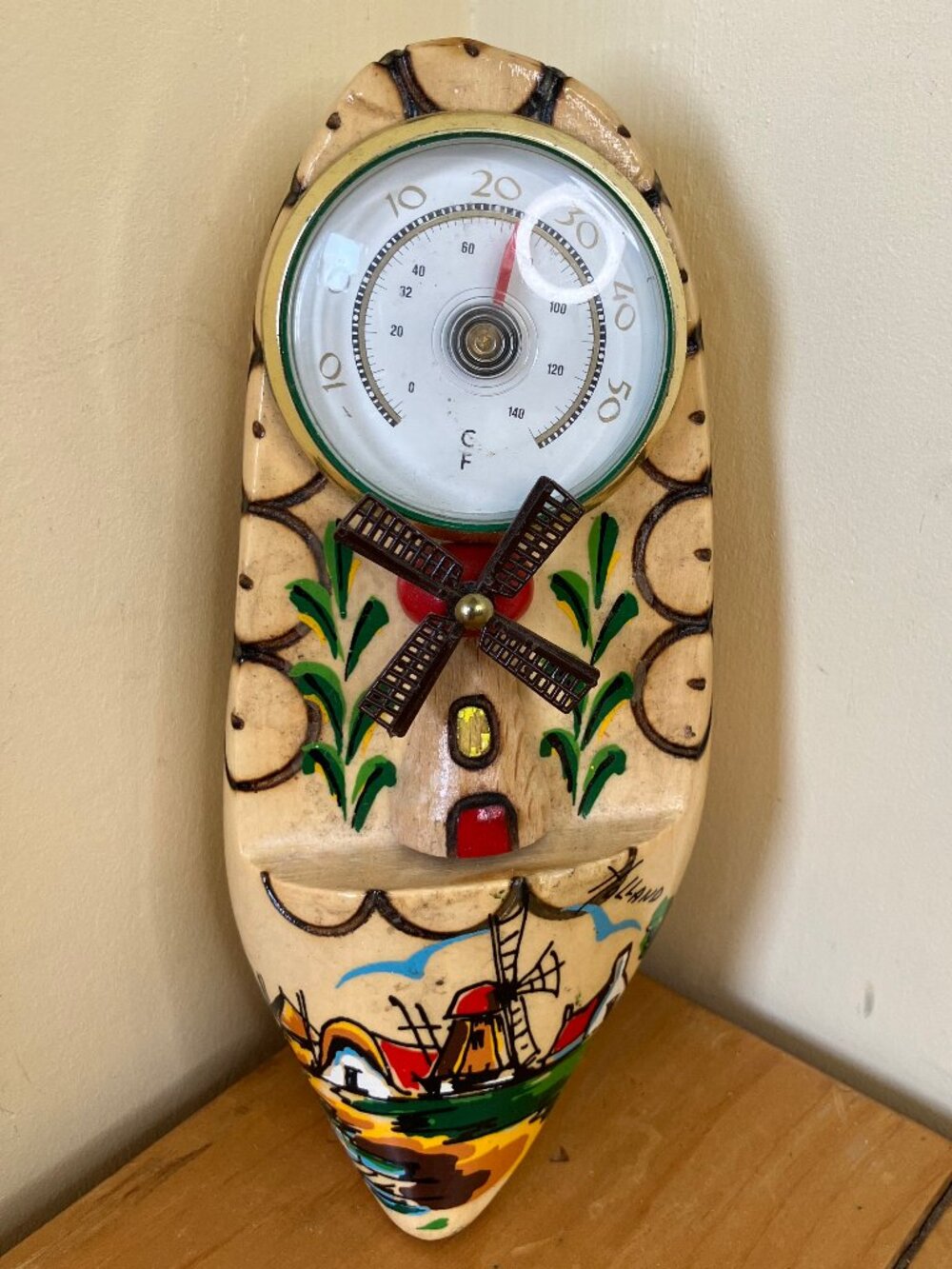 Dutch Wooden Shoe Wall Hanging Thermometer Vintage Holland Windmill Decor